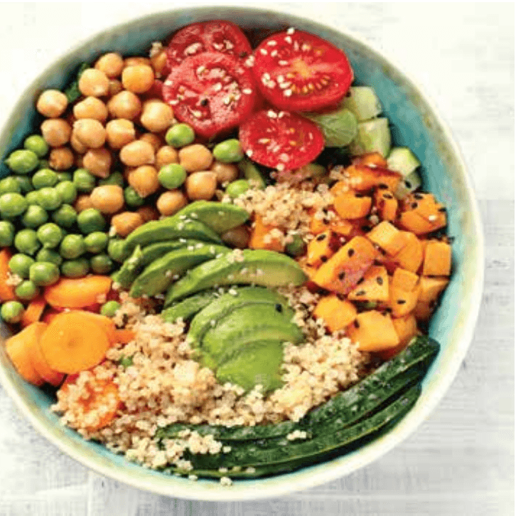 Colorful grain bowl with avocado, chickpeas, sweet potato, and vegetables