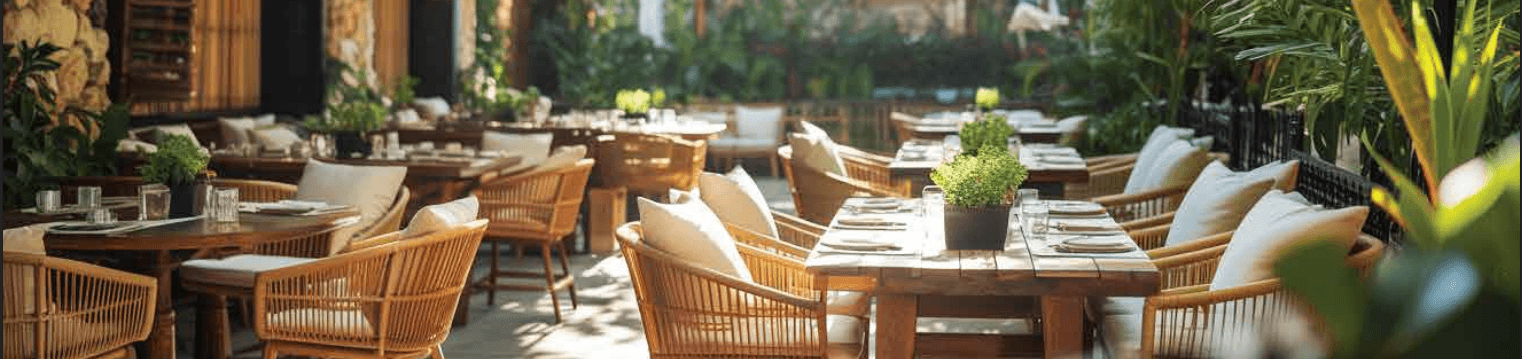 Sunlit outdoor restaurant patio with wooden tables and rattan chairs