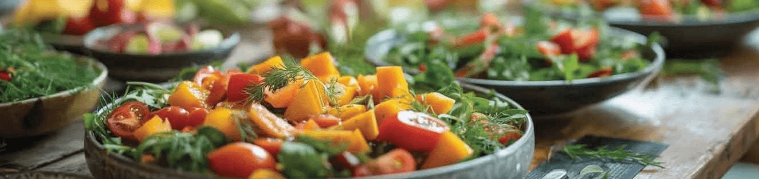 Bowls of fresh vegetable salads on a wooden table